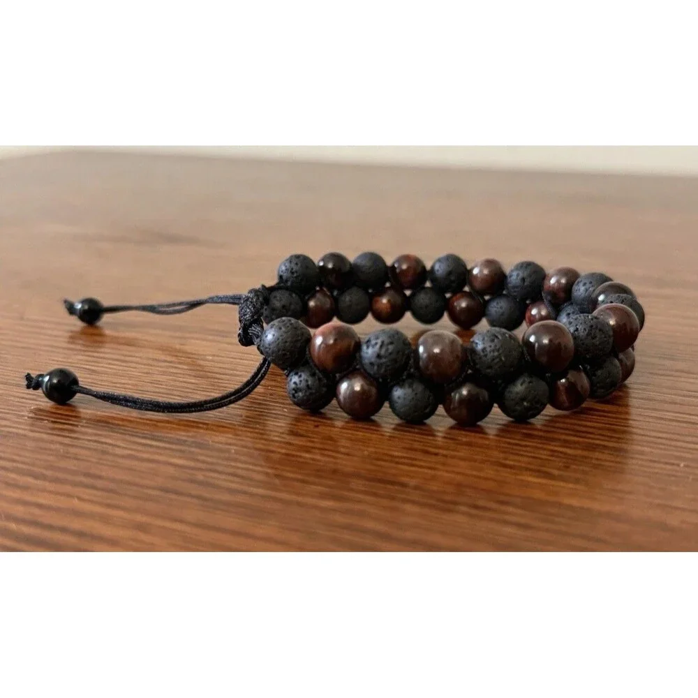 Natural Red Tiger Eye Lava Rock Double Row Braided Bracelet for Men Women